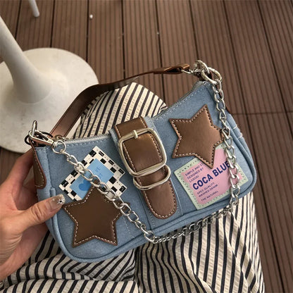 vzyzv  -  New Korean Vintage Denim Shoulder Bag Y2k Star Patchwork Chain Women Bag Hottie Streetwear Trendy Purses and Handbags