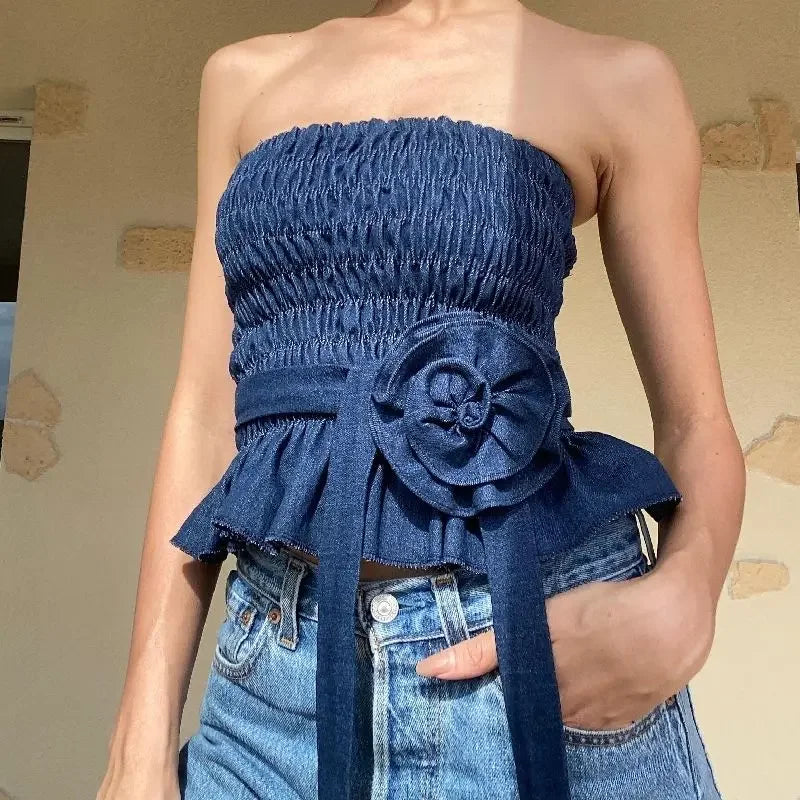 vzyzv  -  Sweet Hot Girl Sexy Pleated Strapless Vest Women's Summer Three-dimensional Flower Slim Fit Denim Top Fashion Female Clothes