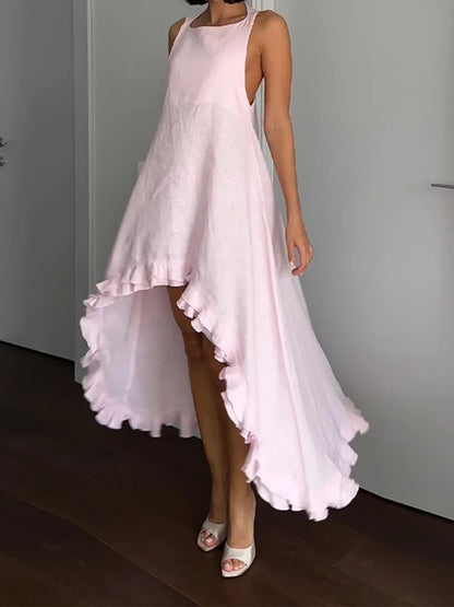 vzyzv -  Fashion Chiffon Ruffled Irregular Hem Long Dress Women's Elegant O-neck Sleeveless Dresses Summer Lady Beach Vacation Robes