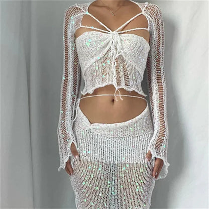 vzyzv -  Hollow Out Long Sleeve Crop Top And Mini Bodycon Skirt Two Piece Set Summer Women Sequins Knitted Beach Skirt Suit