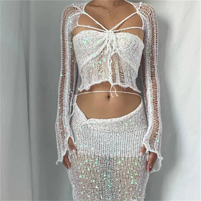 vzyzv -  Hollow Out Long Sleeve Crop Top And Mini Bodycon Skirt Two Piece Set Summer Women Sequins Knitted Beach Skirt Suit