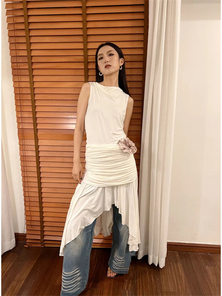 vzyzv  -  Women White Sleeveless A-line Dress Y2k 90s Korean Vintage Harajuku Evening Dress Party Club One Piece Frocks 2000s Clothes 2024