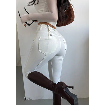 vzyzv  -  White High Waist Elastic Casual Jeans For Women's Autumn Winter New Design Pencil Pants Elegant Women Korean N4GS