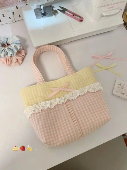 vzyzv  -   Spring New Small Yellow Grid Colored Lace Sweet Cute Handbag Causal Korean Chic Shoulder Underarm Tote Bags