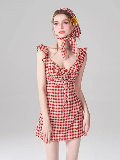 nvxiot  -  Classic Red Plaid Dress For Women's Summer Design, With Small Flying Sleeves And Rose Suspender Mini Skirt