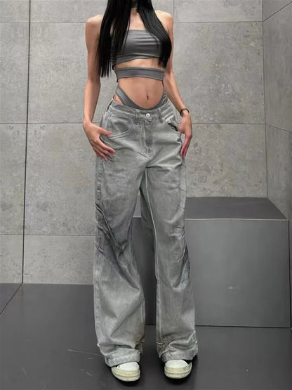 vzyzv  -  Female High Street Retro High Waist Trashy Jeans Y2K Baggy American 2000s Denim Trouser Women's Washed Vintage Casual Pants