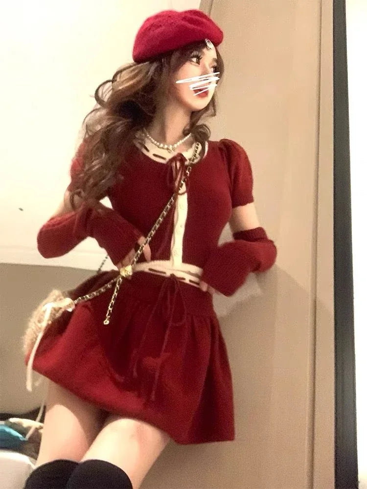 vzyzv  -  Autumn Winter New Christmas Red Skirt Suit Women Casual Slim Blouse + Y2k Mini Skirt Sweet Fashion 2 Piece Skirt Set Female