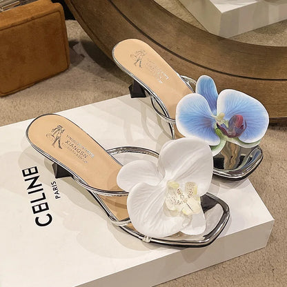 vzyzv -  Summer New Orchid Flower Blue Heeled Shoes Woman White Blue Floral Heels Fashion Sexy Pumps Low Heels