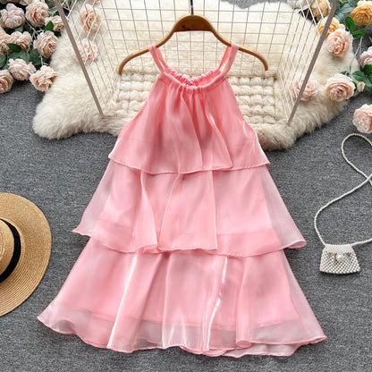 nvxiot  -  Holiday Sweet Organza Gauze Gentle Style Ruffled Halter Dress Women Sleeveless Loose Strap Short Dress Summer Beach Mini Dress