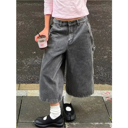 vzyzv  -  Women's Wide Leg Gradient Gray Retro Denim Shorts Unisex Style Capris Summer Female High Waist Loose Short Jeans