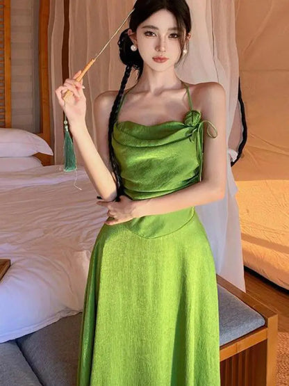 TAVIMART  -  Green Sleeveless Sexy Club Vacation Elegant Pleated Halter Bandage Long Dress 2024 New Fashion Evening Party Dress Women Summer