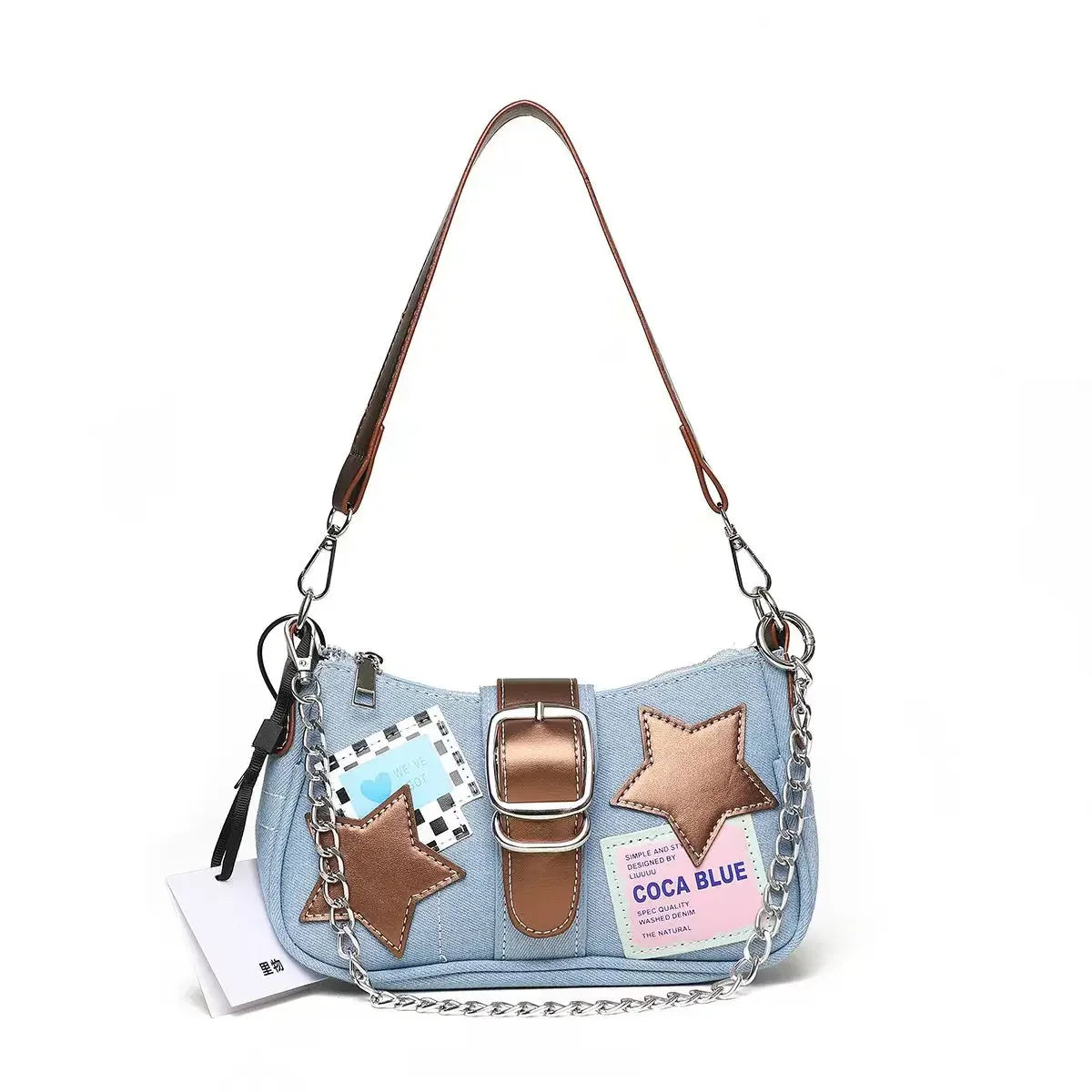 vzyzv  -  New Korean Vintage Denim Shoulder Bag Y2k Star Patchwork Chain Women Bag Hottie Streetwear Trendy Purses and Handbags