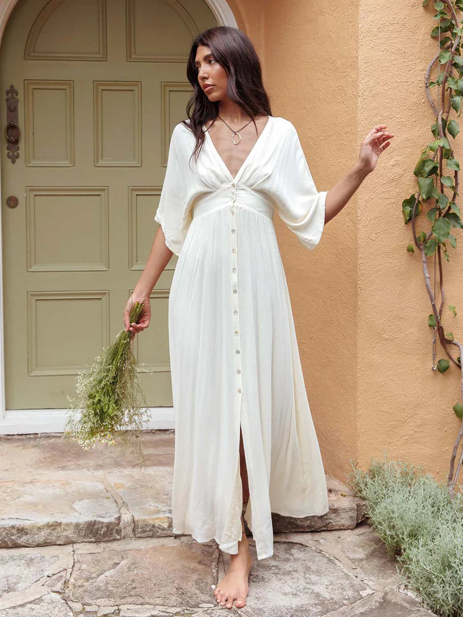 vzyzv  -  Summer New Casual White Long Dresses Elegant Single Breasted V Neck Short Sleeve Maxi Dress Women Simple Fashion Holiday Vestido