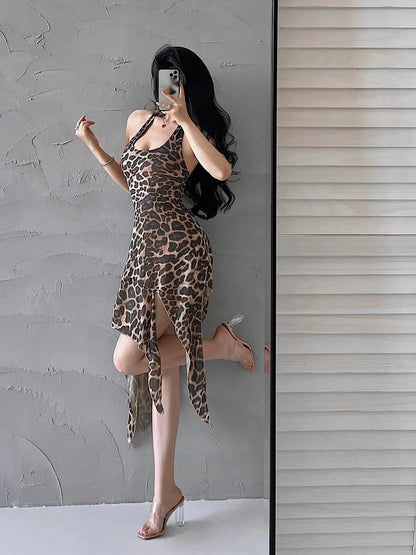 TAVIMART  -  American Spicy Girl Leopard Print Slim Irregular Hem Sexy Open Back Hanging Neck Dress Elegant Fashion Sexy Mini Dress 1RH1