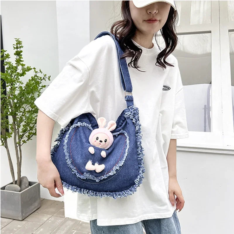 vzyzv  -   High-capacity Canvas Heart Handbags Casual Sweet Tassel Shoulder Bag Cartoon Cute Rabbit Doll Kawaii Denim Crossbody Bags Women