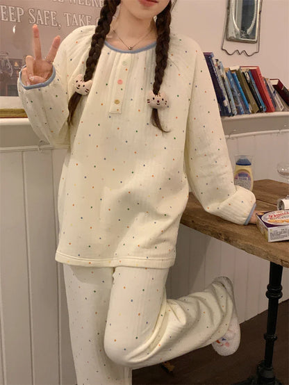 vzyzv  -  White Gauze Pajama Set Women Sleepwear Autumn Winter Polka Dot Pyjamas Long Sleeve Home Suit Crepe Breathable Nightwear S379