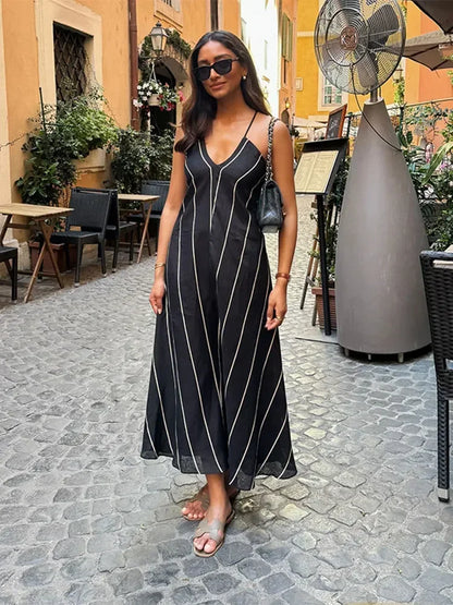 vzyzv -  Sexy Striped Lace Up Backless V-neck Sling Dress Fashion Women's Sleeveless High Waisted Long Dresses Summer Casual Office Robe