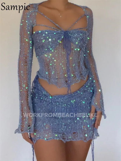 vzyzv -  Hollow Out Long Sleeve Crop Top And Mini Bodycon Skirt Two Piece Set Summer Women Sequins Knitted Beach Skirt Suit