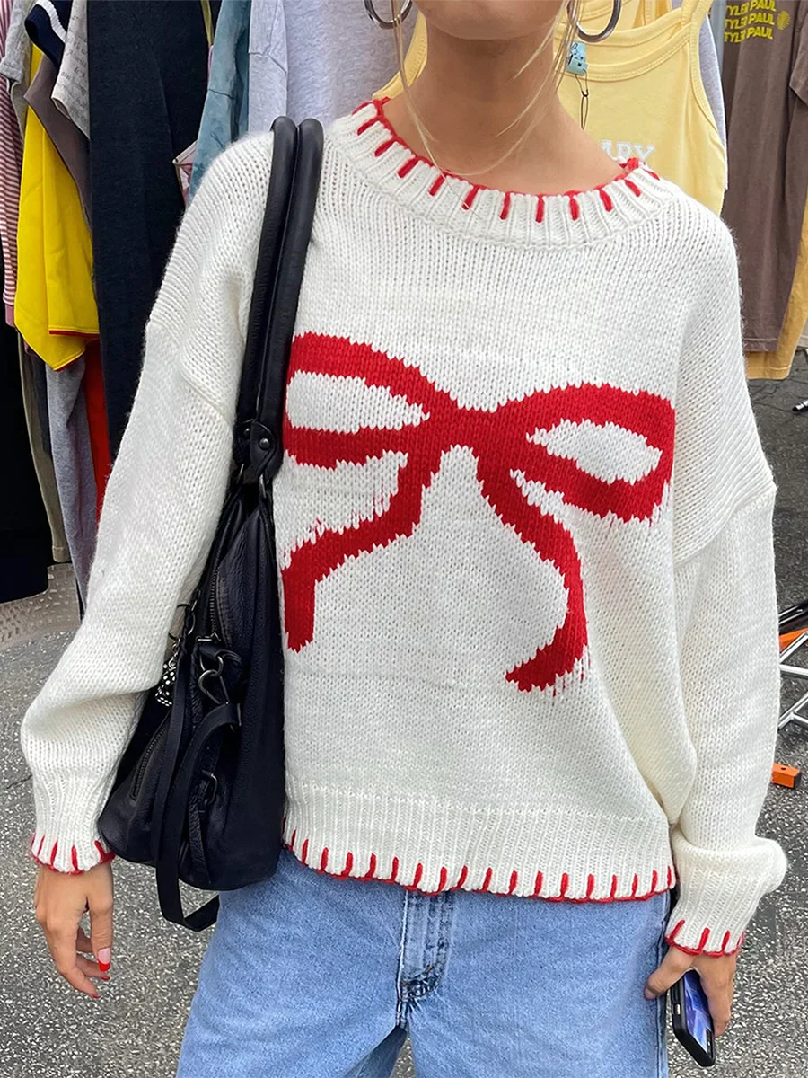 vzyzv  -  Women Cute Bow Printed Sweater Crewneck Oversized Knit Jumper Top Long Sleeve Pullover Sweater Knitwear