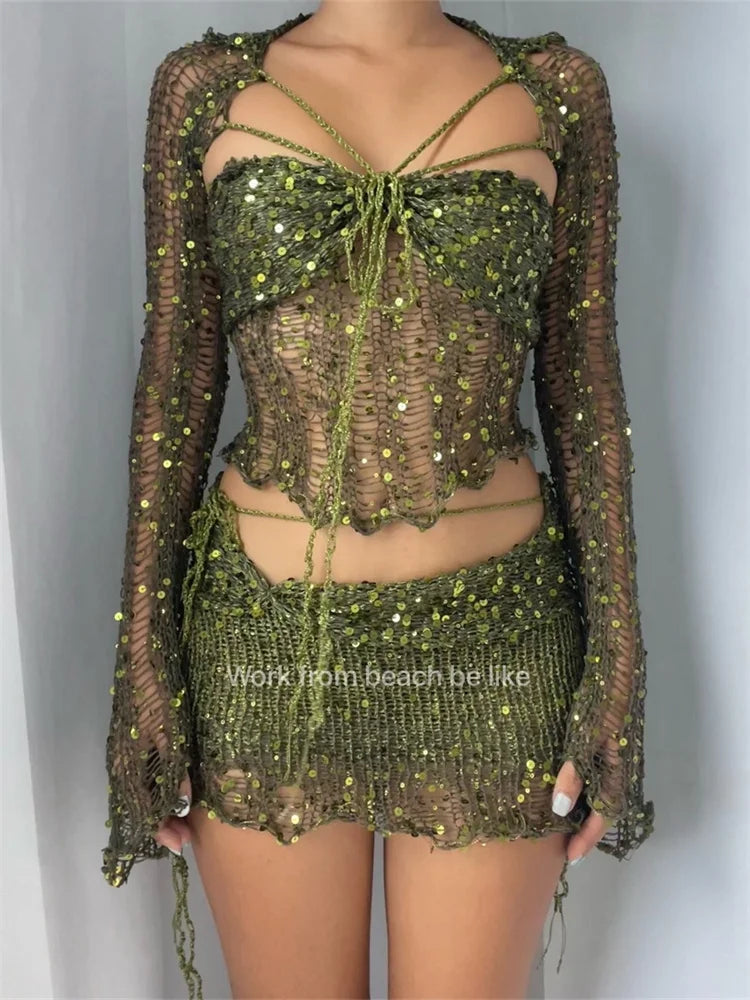 vzyzv -  Hollow Out Long Sleeve Crop Top And Mini Bodycon Skirt Two Piece Set Summer Women Sequins Knitted Beach Skirt Suit