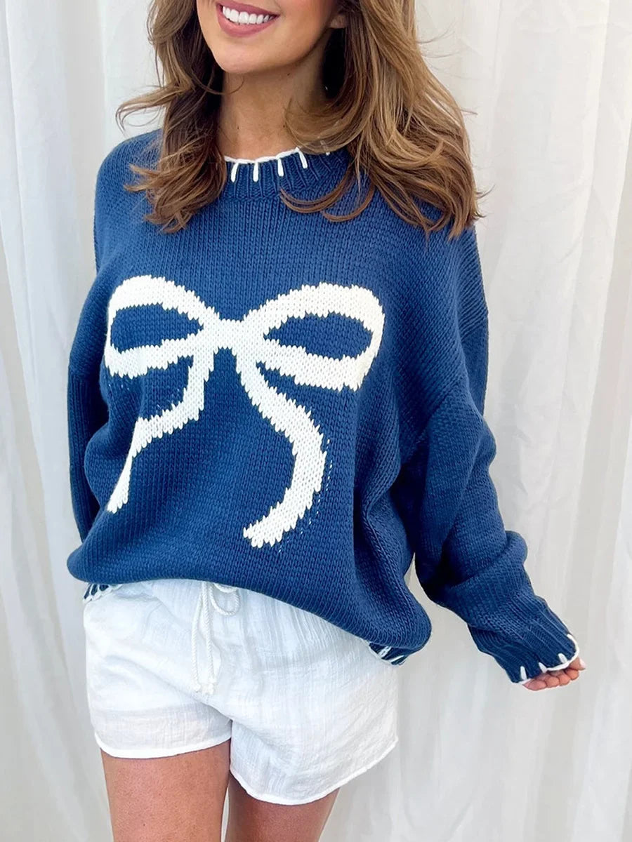 vzyzv  -  Women Cute Bow Printed Sweater Crewneck Oversized Knit Jumper Top Long Sleeve Pullover Sweater Knitwear