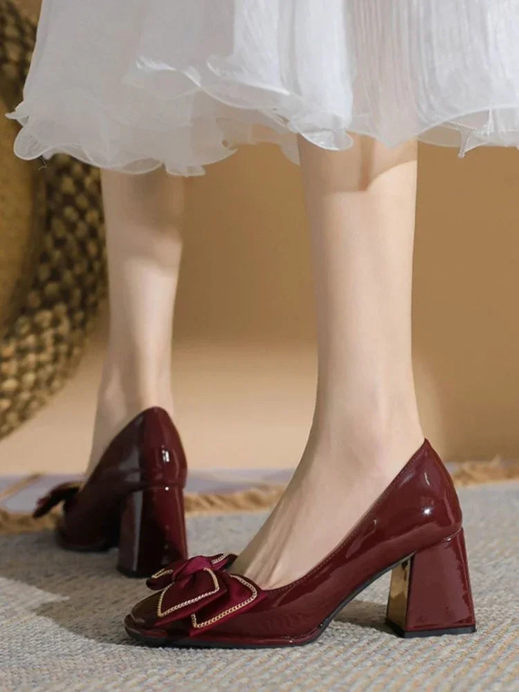 vzyzv  -  Shoes for Women Block Heel Japanese Style Lolita Woman Footwear with Bow on Heeled Chunky Heels Pumps Gothic High Claret Korean