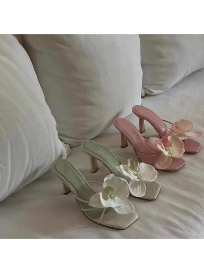 vzyzv -  Pink Red Green Orchid Flowers Decor Outside Women Hight Heels Slippers Summer 2024 Thin Heels Ladies Flipflops