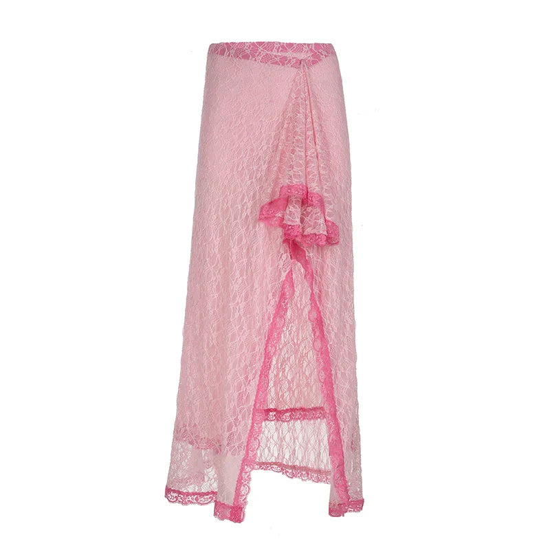 vzyzv  -  Women Sweet Pink Lace Split Skirt Y2K Streetwear Contrast Aesthetic Stylish Flowy Long Skirts Cute Outfits Summer