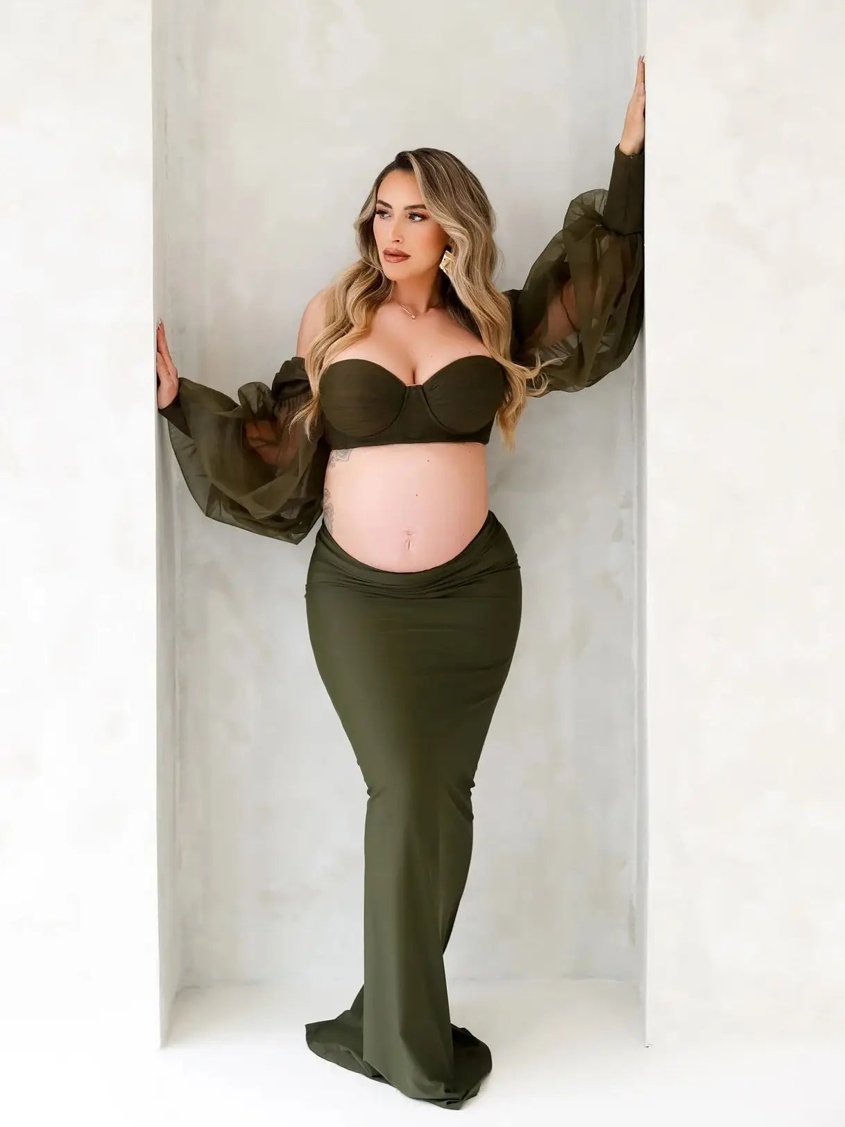 nvxiot  -  Blackish Green Tulle Maternity Photography Dress Set Off-shoulder Plus Size Sexy Pregnancy Gown for Women Photoshoot 2024