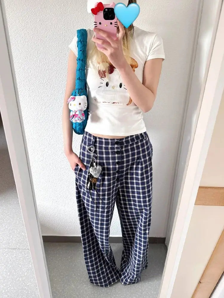 vzyzv  -  Harajuku Plaid Women Pants Low Waist Korean Style Trousers Vintage Casual Wide Leg Checked Pants Baggy Retro Fashion