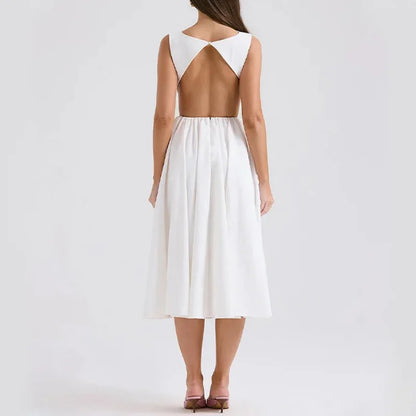 vzyzv  -  Summer Elegant Backless Long Dress Women Solid White O Neck Sleeveless Patchwork Pleated Casual A-line Robe Streetwear