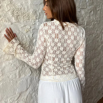 vzyzv  -  Tie Front Sheer Slim Crop Cardigan Clubwear blusa mujer moda Elegant Women Summer Lace Floral Tops Flare Long Sleeve