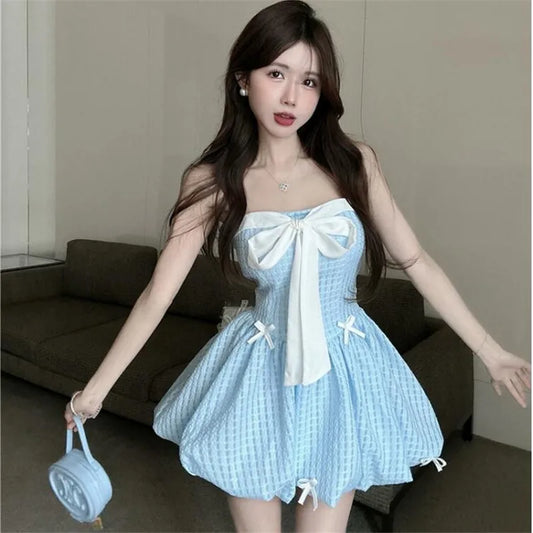 vzyzv  -  Black Blue Sweet Princess Birthday Party Mini Dress Strapless Cute Bow A Line Fluffy Short Skirt Summer Fashion Sleeveless Dress