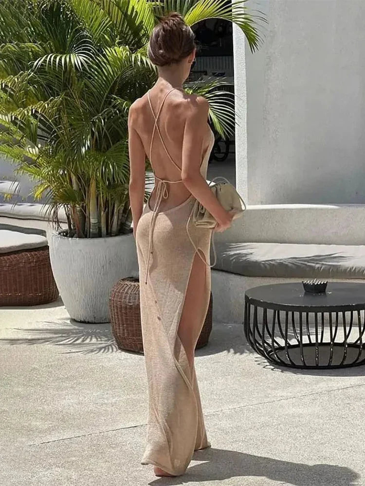 vzyzv  -  Sexy Knitted Halter Neck Backless Beach Maxi Dress  Women Elegant Party Club Dresses Summer Vacation Swimsuit Cover Up A2797