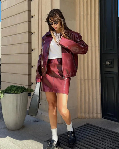 vzyzv  -  Women Elegant Ancora Red Zipper Leather Jacket 2 Piece Set Fashion High Waist Solid Cropped Mini Skirt Suit Lady Streetwear