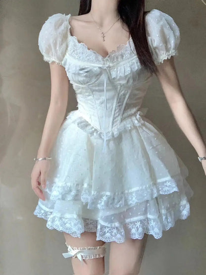 vzyzv -  Summer Women Suit French Sweet Girl Lace Slim Bubble Short Sleeve Top High Waist Short Skirt Set Two Piece Sets Women Outffits