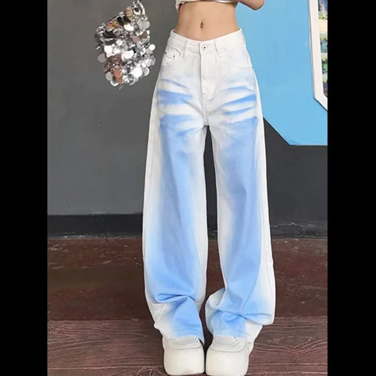 vzyzv  -  Tie Dye High Street Wide Leg Jeans Button Harakuju Denim Pants White Blue Hip Hop Baggy Trousers Plus Size Women's Retro Pants