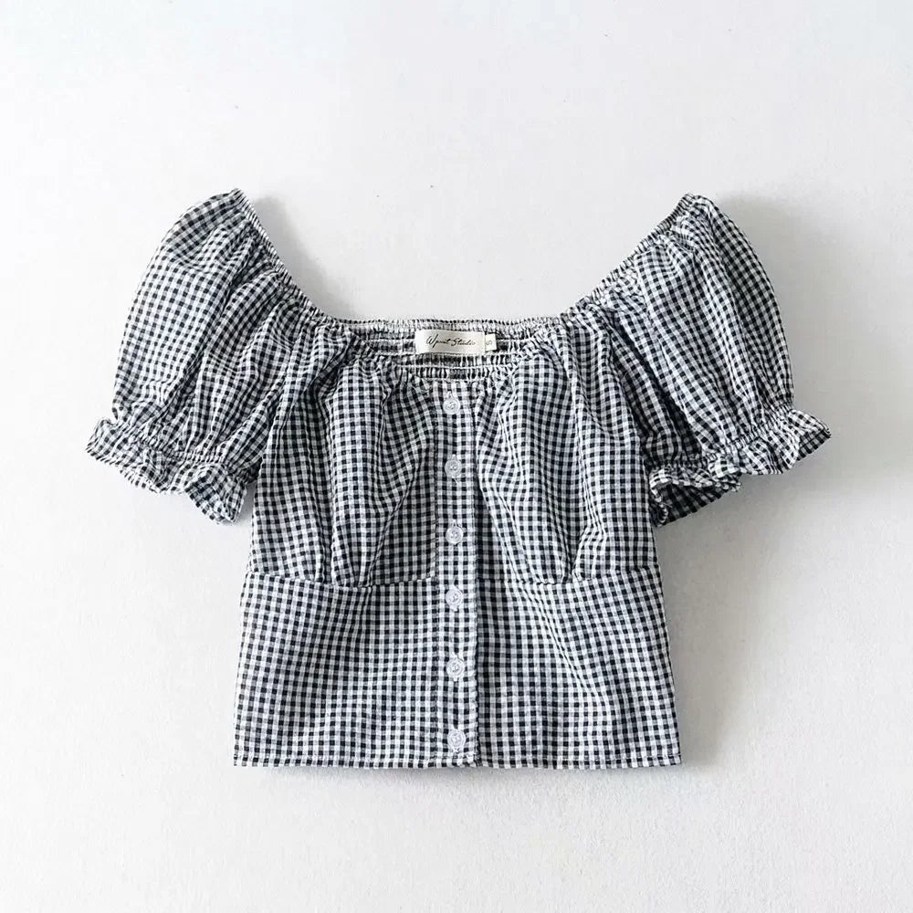 vzyzv -  Summer Women Plaid Puff Sleeve Crop Top Girls Sweet Harajuku Mini Tops Red Ladies Sexy Low Cut Tops Plaid Short Tshirt Ruched