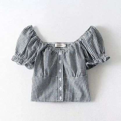 vzyzv -  Summer Women Plaid Puff Sleeve Crop Top Girls Sweet Harajuku Mini Tops Red Ladies Sexy Low Cut Tops Plaid Short Tshirt Ruched