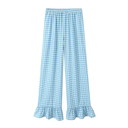 vzyzv  -  Korean Fashion Ruffles Pants Summer New Women Clothing Retro Sweet Plaid Printed Pants High Waist Micro-Raise Casual Trousers