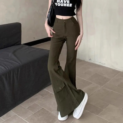 vzyzv  -  Cargo Jeans, Army Green Multi-Pocket Women'S Slimming American Retro High-Waisted Boot-Cut Trousers Floor-Length Trousers