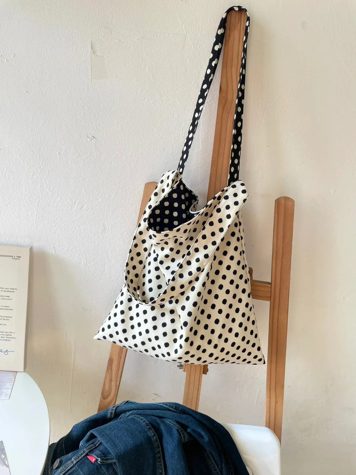 vzyzv  -  Niche Double-sided Black White Polka Dot Bags Female Shoulder Bag Casual All-match Retro All-match Simple Canvas Bags