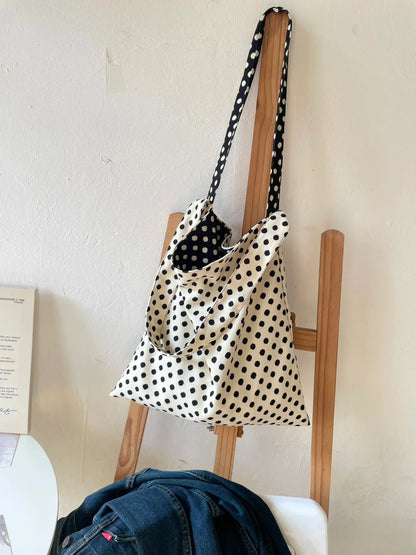 vzyzv  -  Niche Double-sided Black White Polka Dot Bags Female Shoulder Bag Casual All-match Retro All-match Simple Canvas Bags