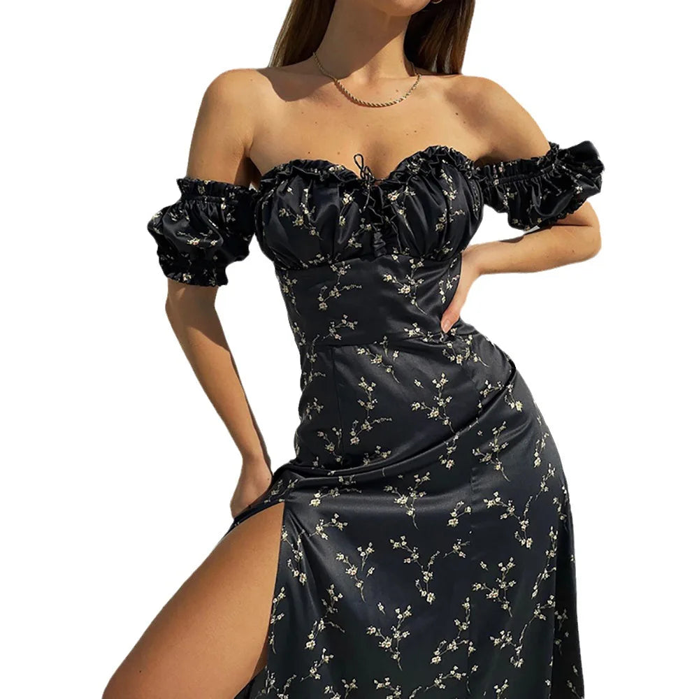 nvxiot  -  2024 Summer New European And American Women's Sexy Elegant Fashion Off-the-shoulder Mid-length Floral Dress