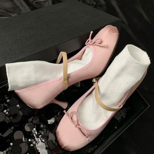 vzyzv  -  Women's satin fabric sweet bow tie slip-on Mary Jane pumps elegant ladies pink daily dress heeled shoes for woman spring