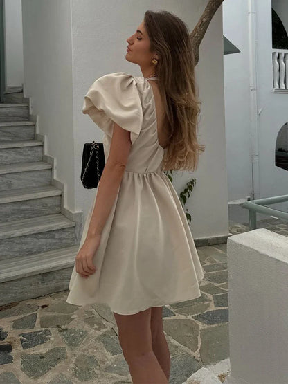 vzyzv  -  Sweet Solid Puff Short Sleeve Women Mini Dress Elegant V-neck Backless Pleated A-line Dresses  Summer Lady Party Club Robes