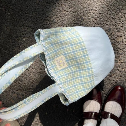 vzyzv  -  Korean Sweet Blue Plaid Bucket Bag Handbag Tote Women Casual Shoulder Bag