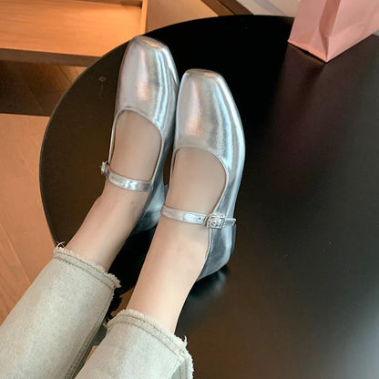 vzyzv  -  Casual Women Flats Spring Summer Office Ladies Silver Metal Color Mary Janes Shoes Woman Retro Style Concise Comfortable Flats