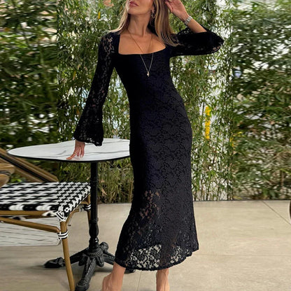 vzyzv  -  Lace Embroidered Slim Lady Long Dress Elegant Square Neck High Waist Split Party Dress Casual Flare Sleeve Hollow Wrap Hip Dress