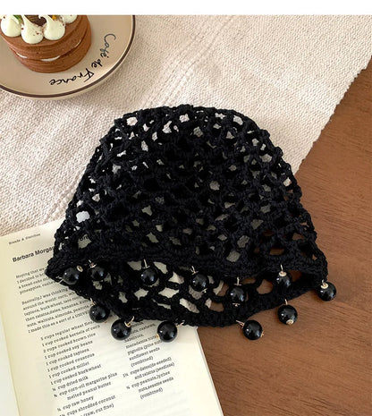 vzyzv  -  Korean Simple Handmade Hollow Knitted Hat Summer Thin Pearl Pendant Trendy Artistic Short Eave Skull Bean Cap for Women's